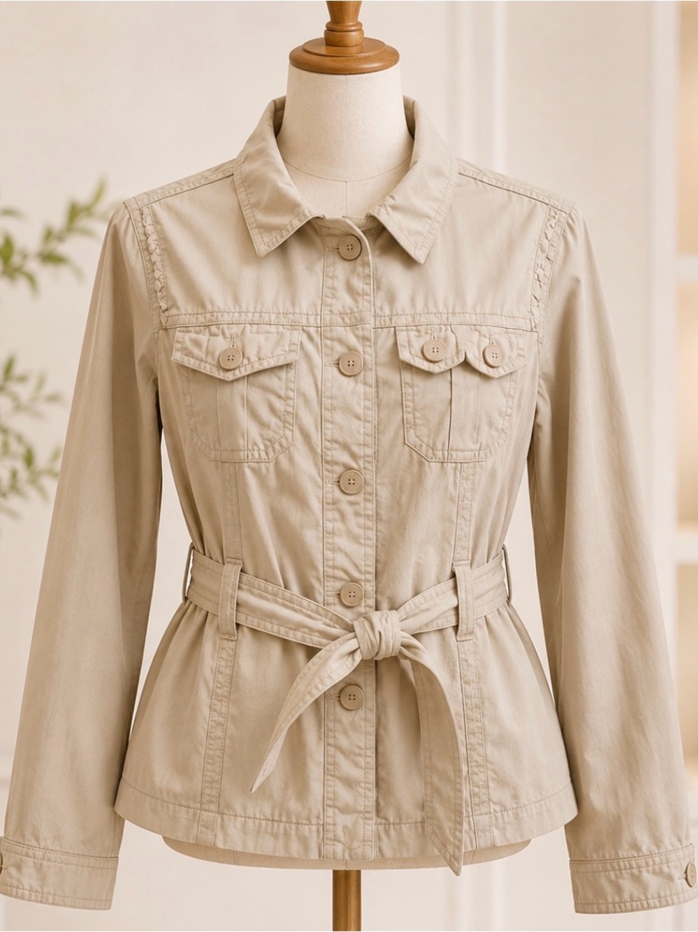 French Cuff small soft khaki tan belted jacket